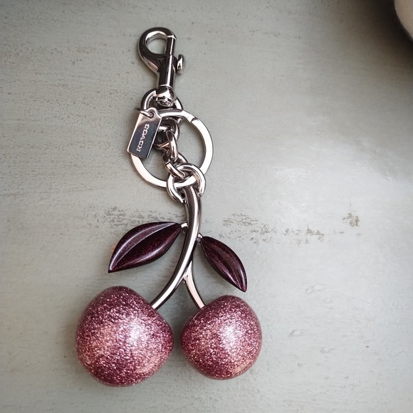 Coach Pink Cherry Bag Charm Key Ring Handbag Purse Charm Shimmer Sparkle - Picture 1 of 9
